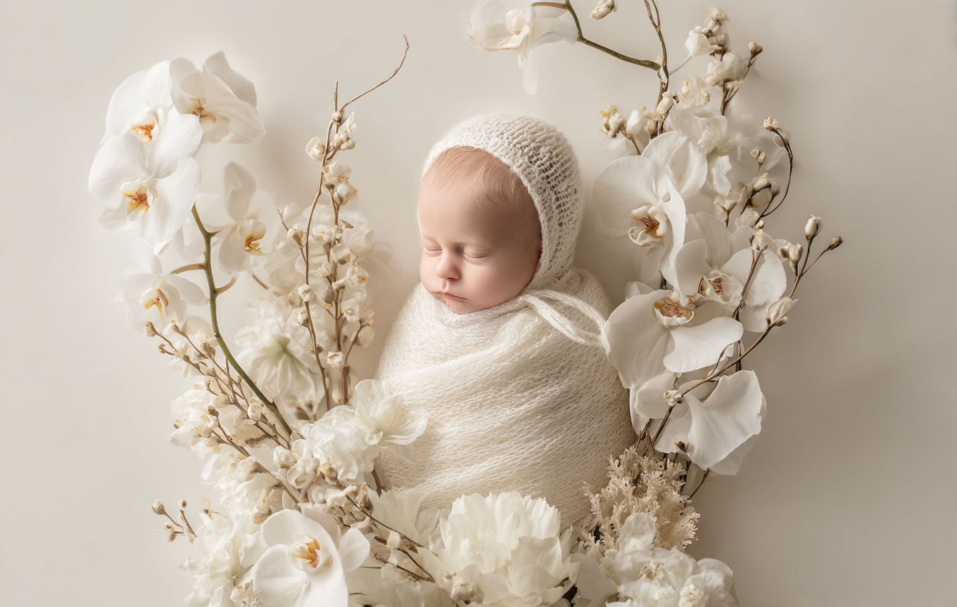 Peaceful newborn baby sleeping surrounded by delicate white orchids and flowers in a soft studio setting