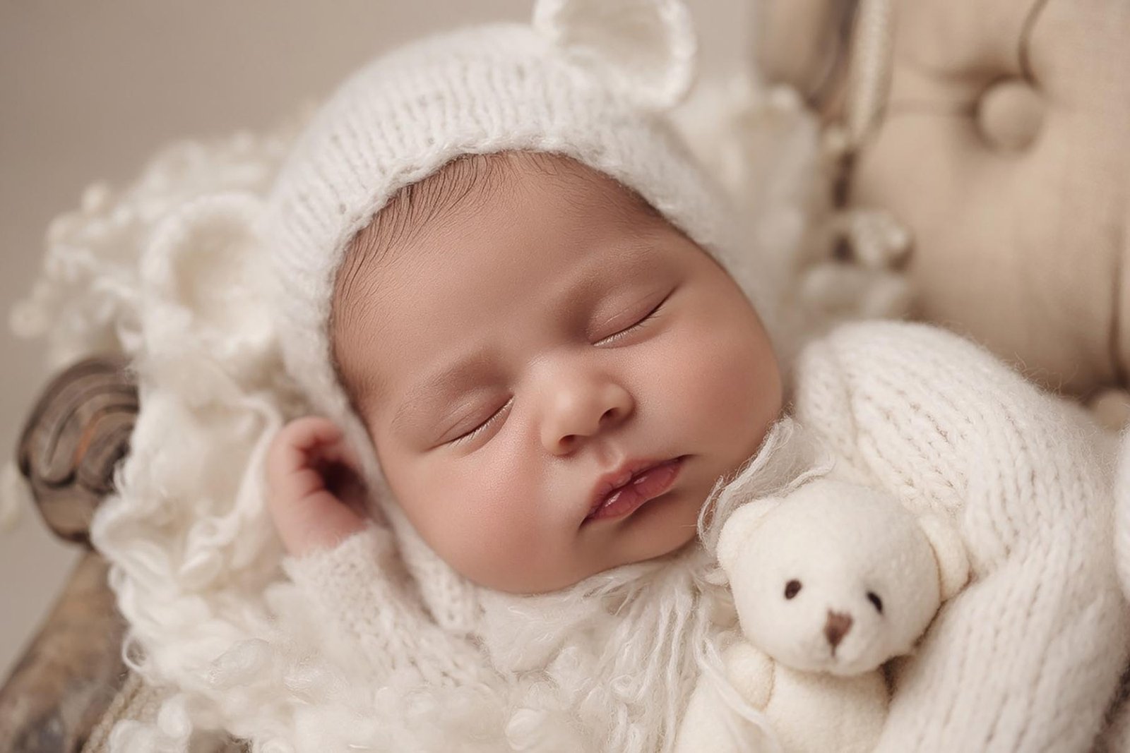 Newborn baby cuddling teddy bear in soft neutral tones – London newborn photographer