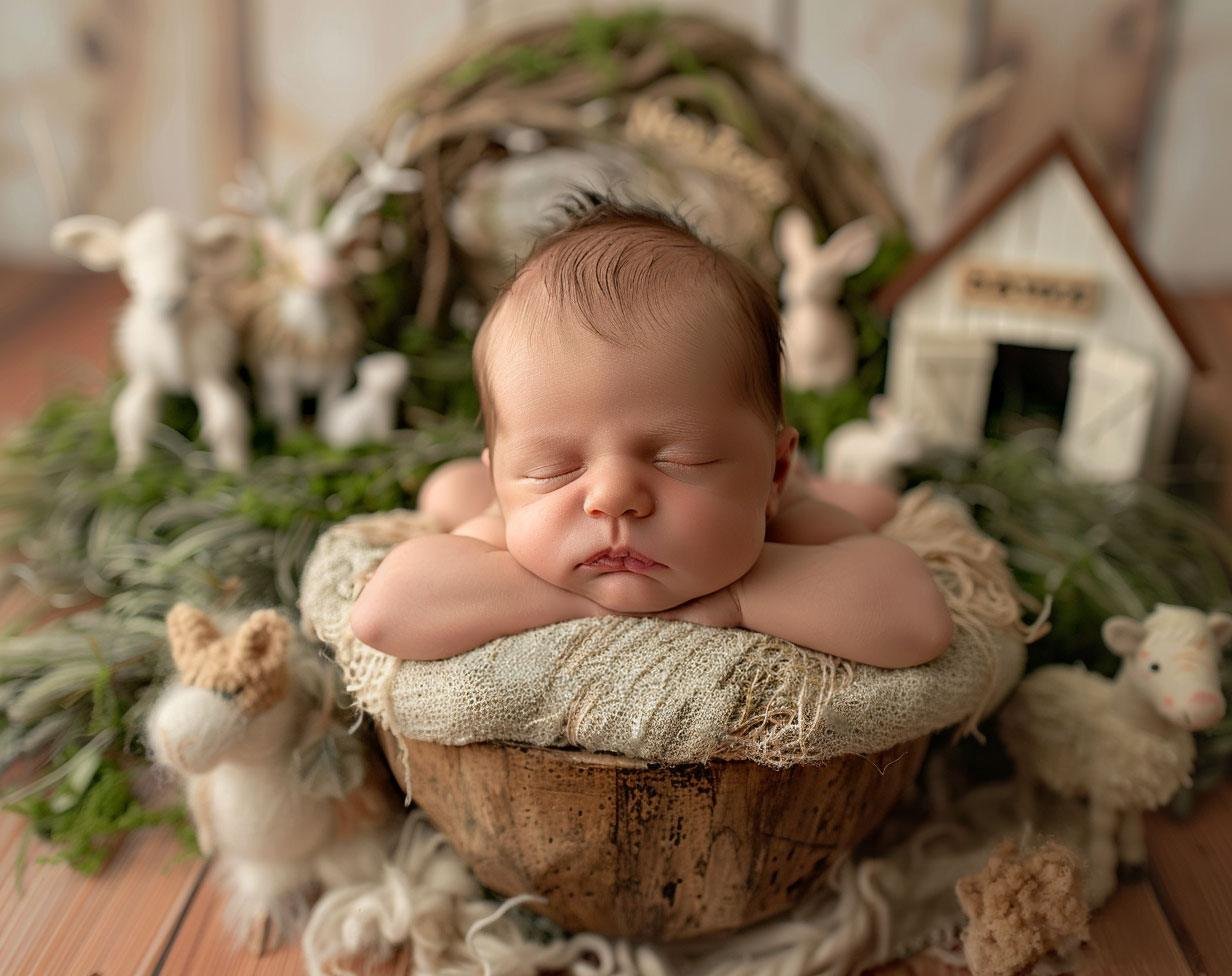 Adorable newborn baby sleeping peacefully in a wooden bucket surrounded by farm animals and rustic decor in a cozy barn-themed studio session