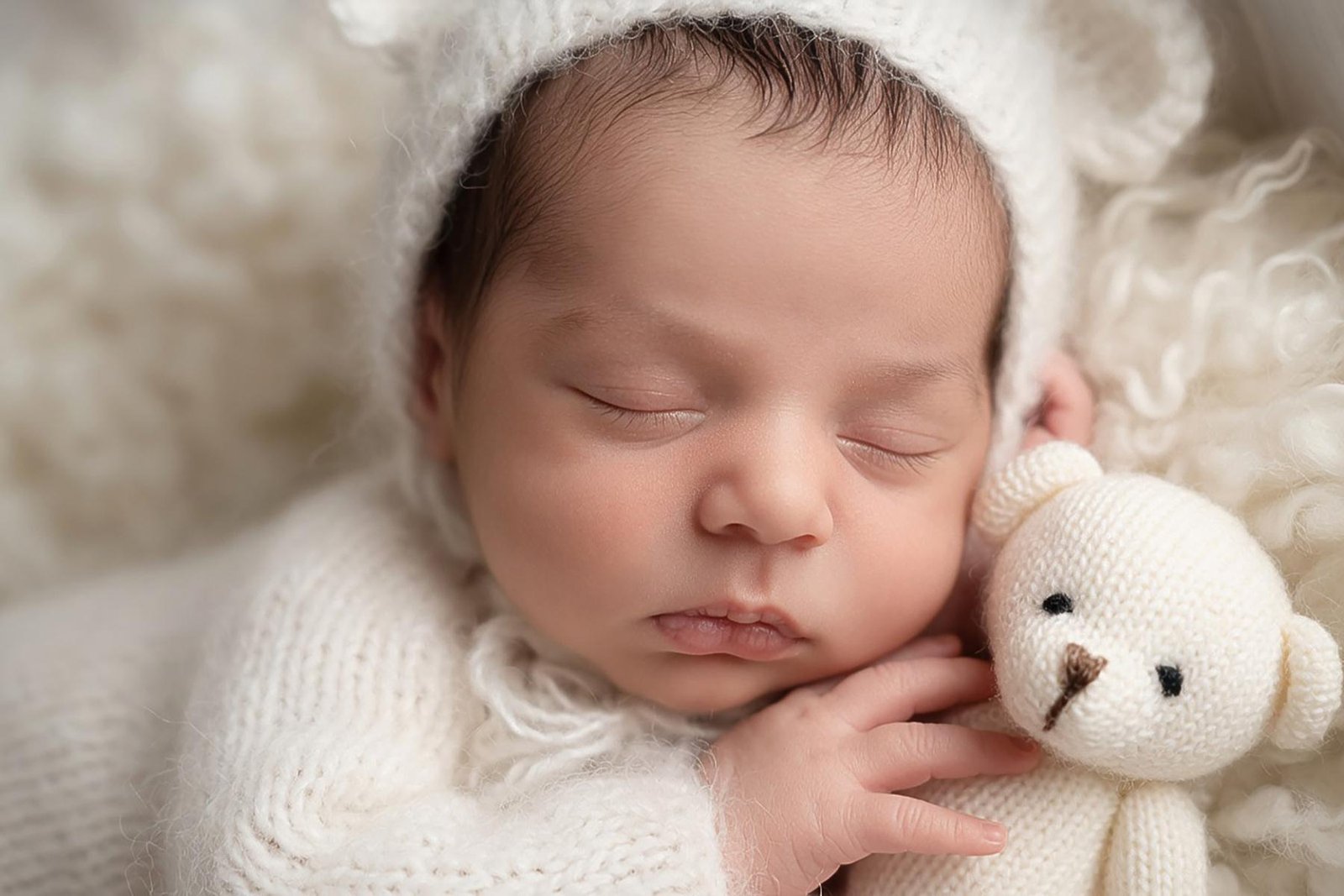 Sleeping newborn baby close-up with teddy bear in neutral tones – London newborn photographer