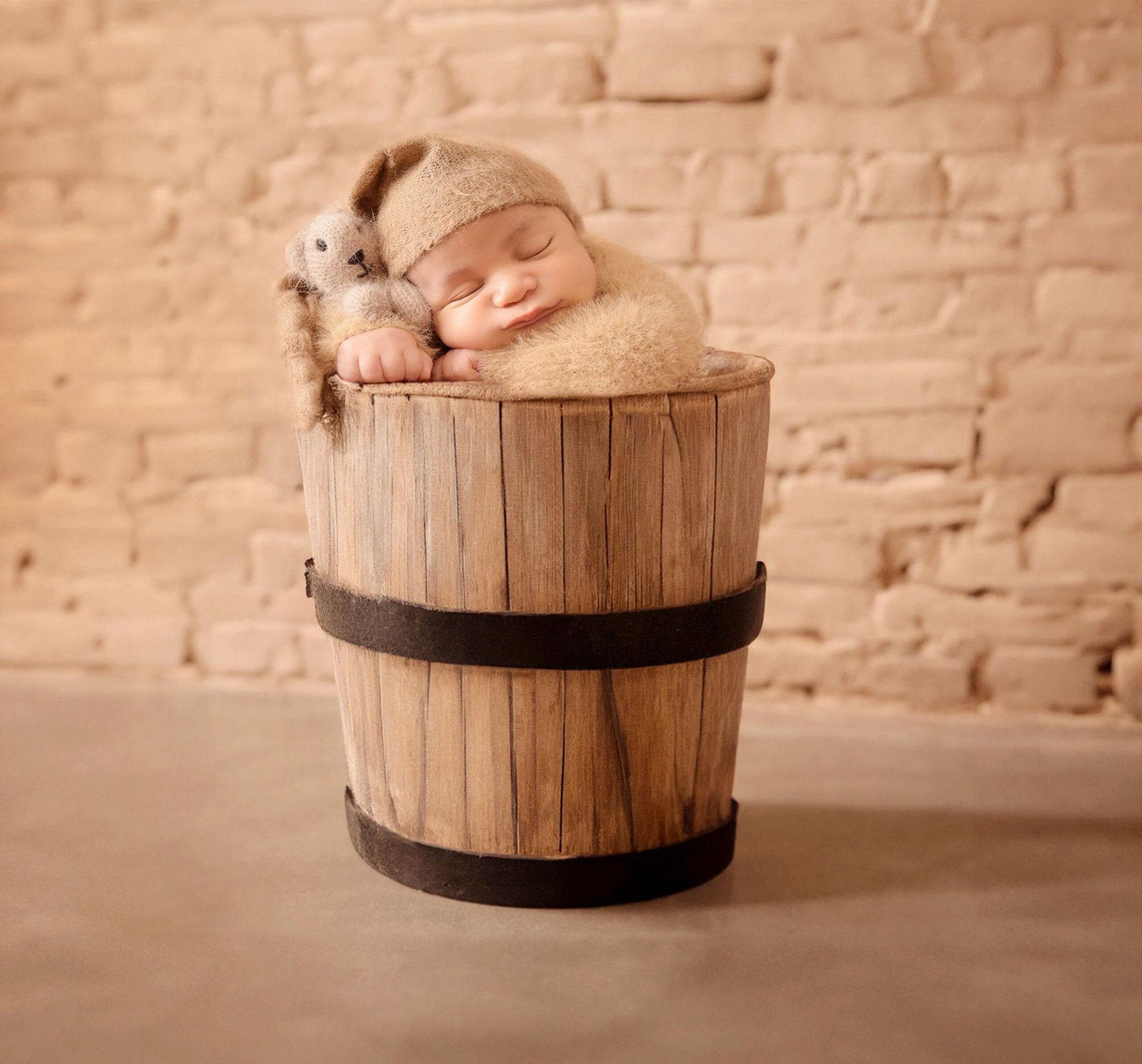 Sleeping newborn baby in a soft brown fuzzy outfit and bonnet, nestled inside a rustic wooden bucket with a small gray knitted mouse toy beside their head, against a light brick wall background.