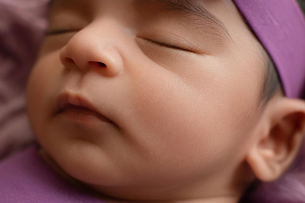 Close-up newborn baby in purple tones with soft lighting – London newborn photographer
