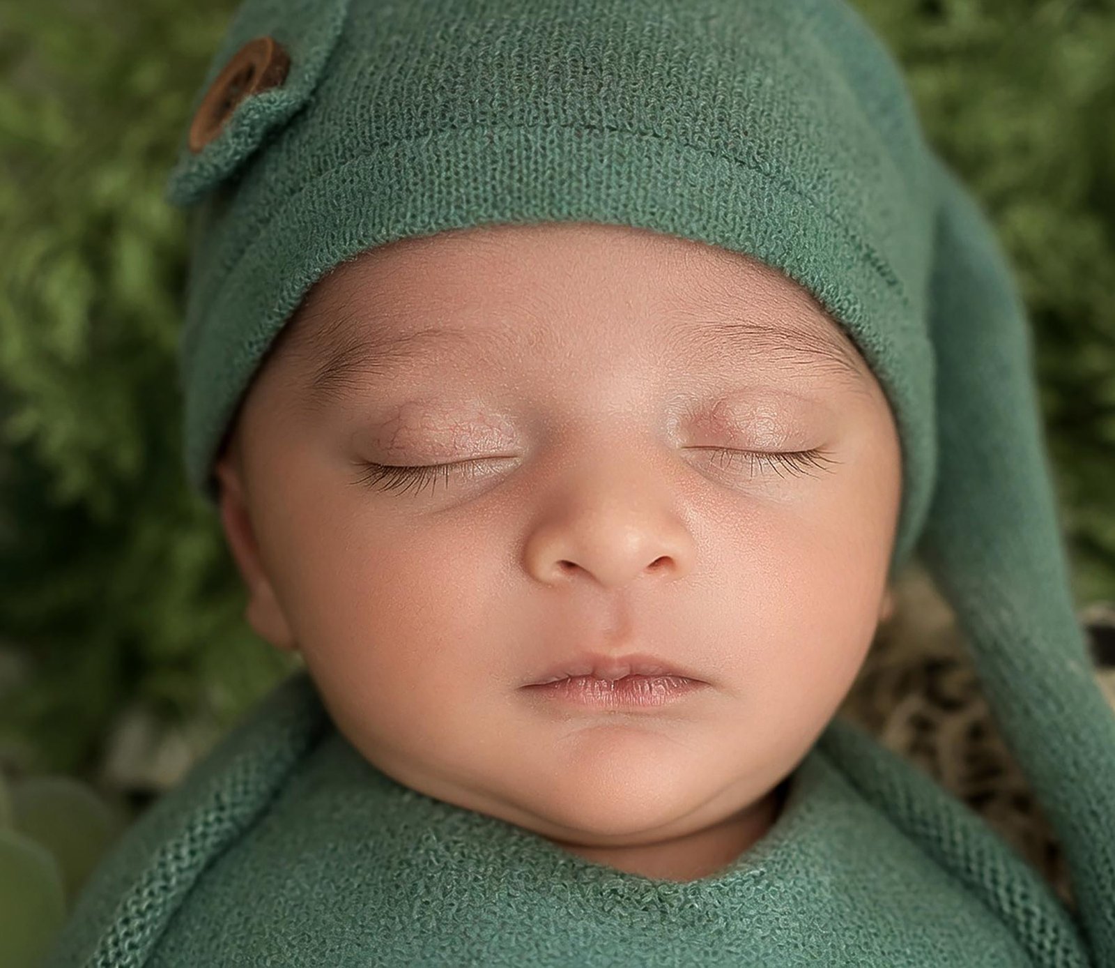 Sleeping newborn baby wrapped in green fabric with soft lighting – London newborn photographer