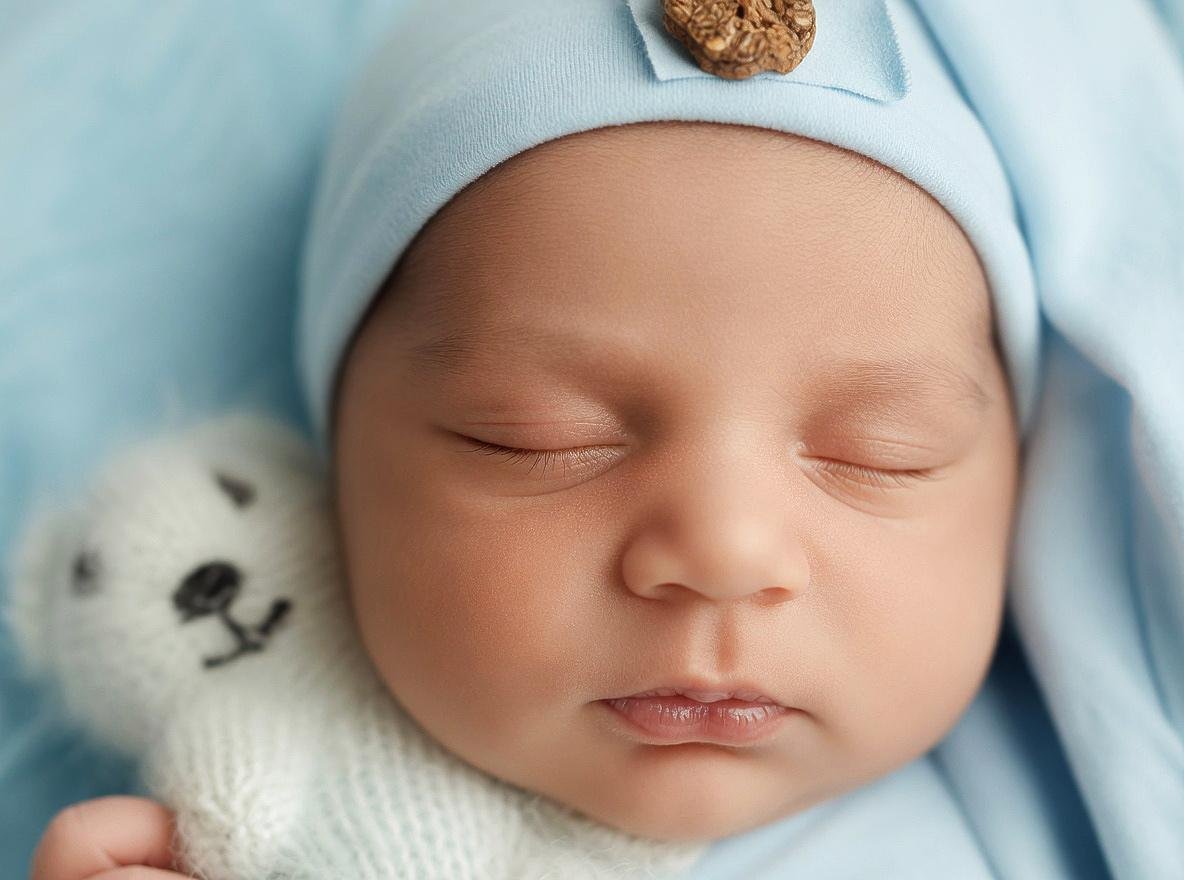 Sleeping newborn baby in blue outfit with teddy bear – Surrey newborn photographer