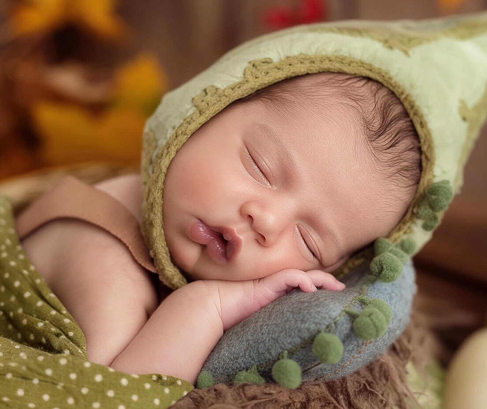 Newborn baby sleeping in green bonnet and wrap on soft blanket – Surrey newborn photographer