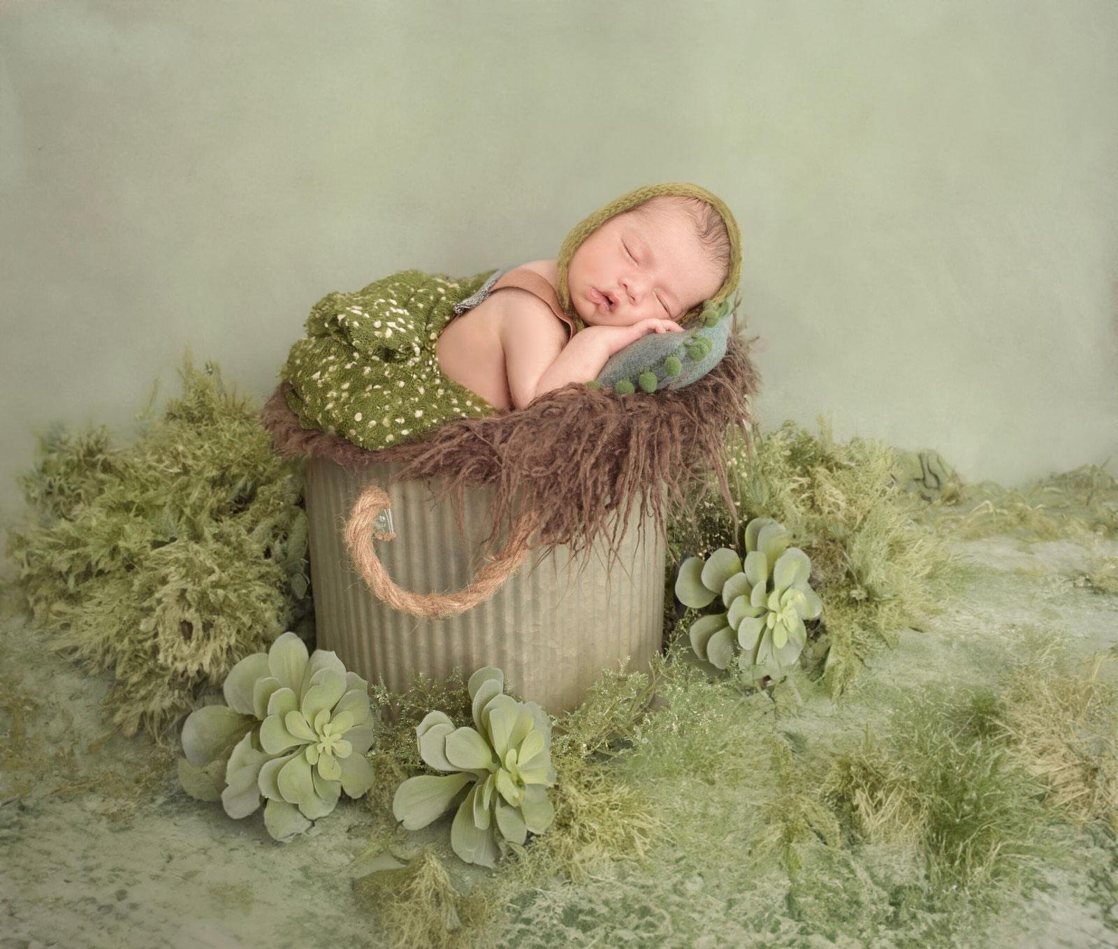 Sleeping newborn baby wearing a green knitted bonnet, nestled inside a rustic metal bucket lined with brown fur and a green polka-dot blanket, surrounded by moss, succulents, and greenery against a soft sage background.