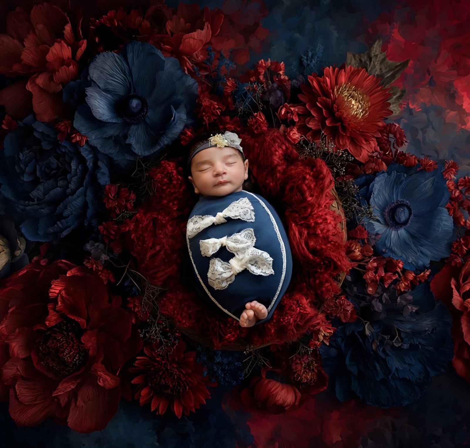 Newborn baby in dark floral setup with rich red and blue tones – London newborn photographer